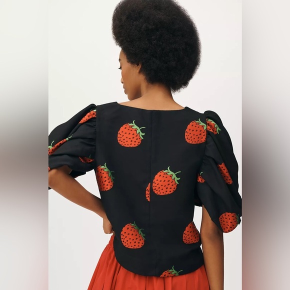 NWT Anthropologie Maeve Size Small Puff-Sleeve Blouse Strawberry Black Red - Picture 5 of 12